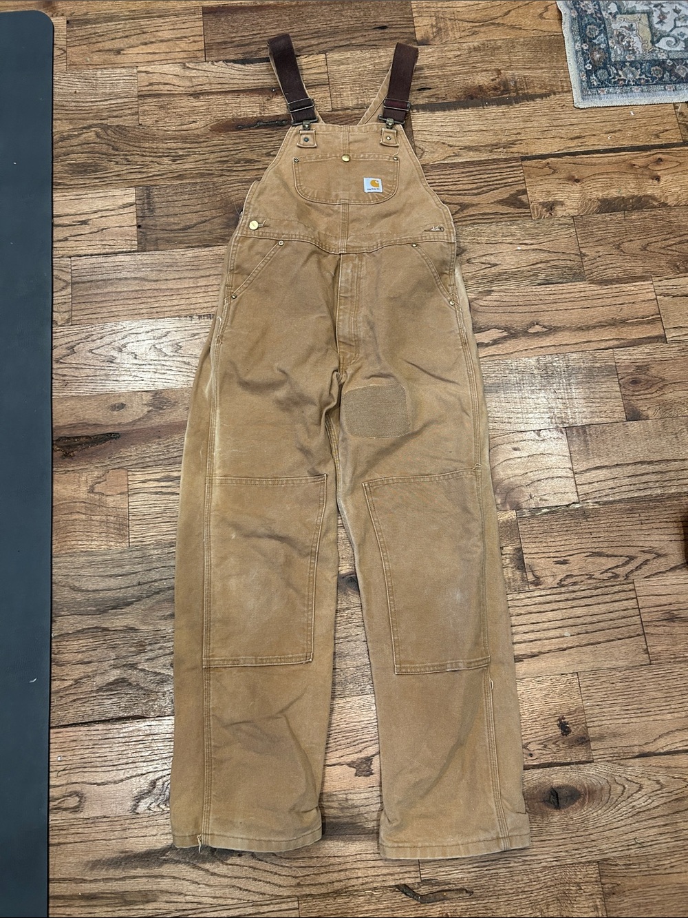 Vintage Carhartt Kids Tan Canvas Overalls Dark Brown Straps bibs double knee